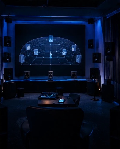 Dolby Atmos room with the speaker layout on screen