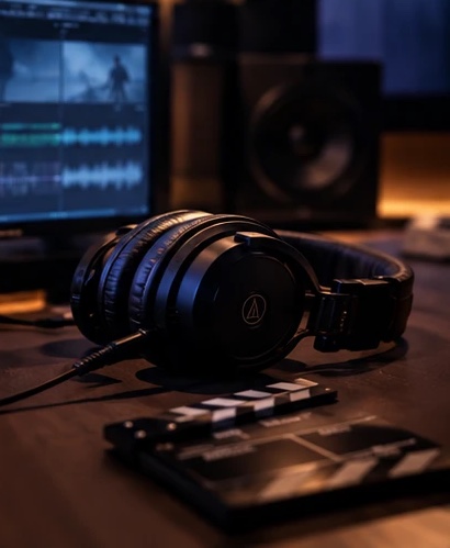 Studio headphones and a clapperboard on the desk